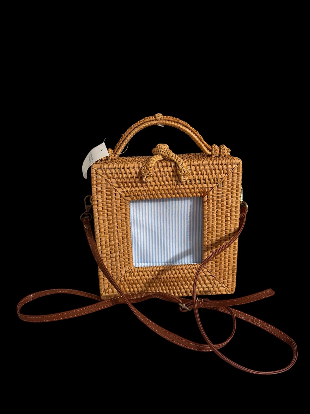 Woven Square Rattan Crossbody Bag with Brown Leather Strap - Natural Tan
